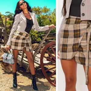 Brown Checked Wrap Tie Skirt